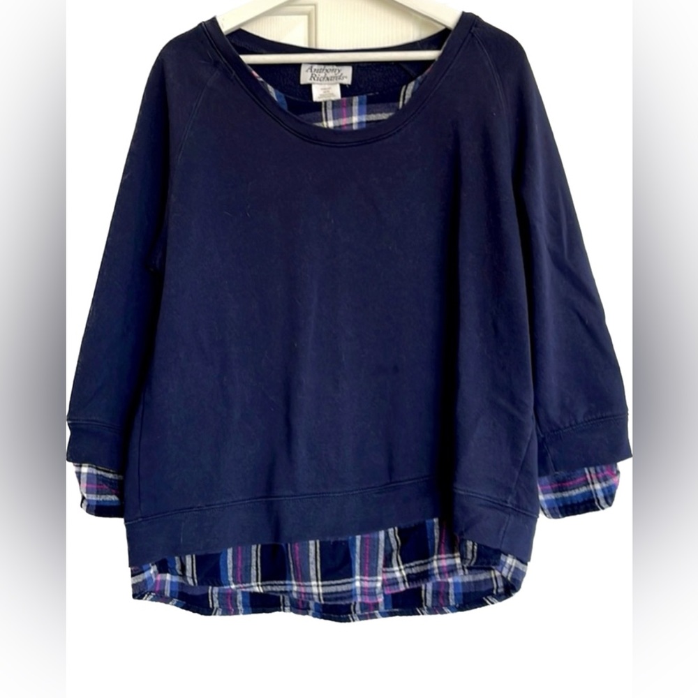ANTHONY RICHARDS cozy long sleeve sweatshirt with plaid trim, size Large
